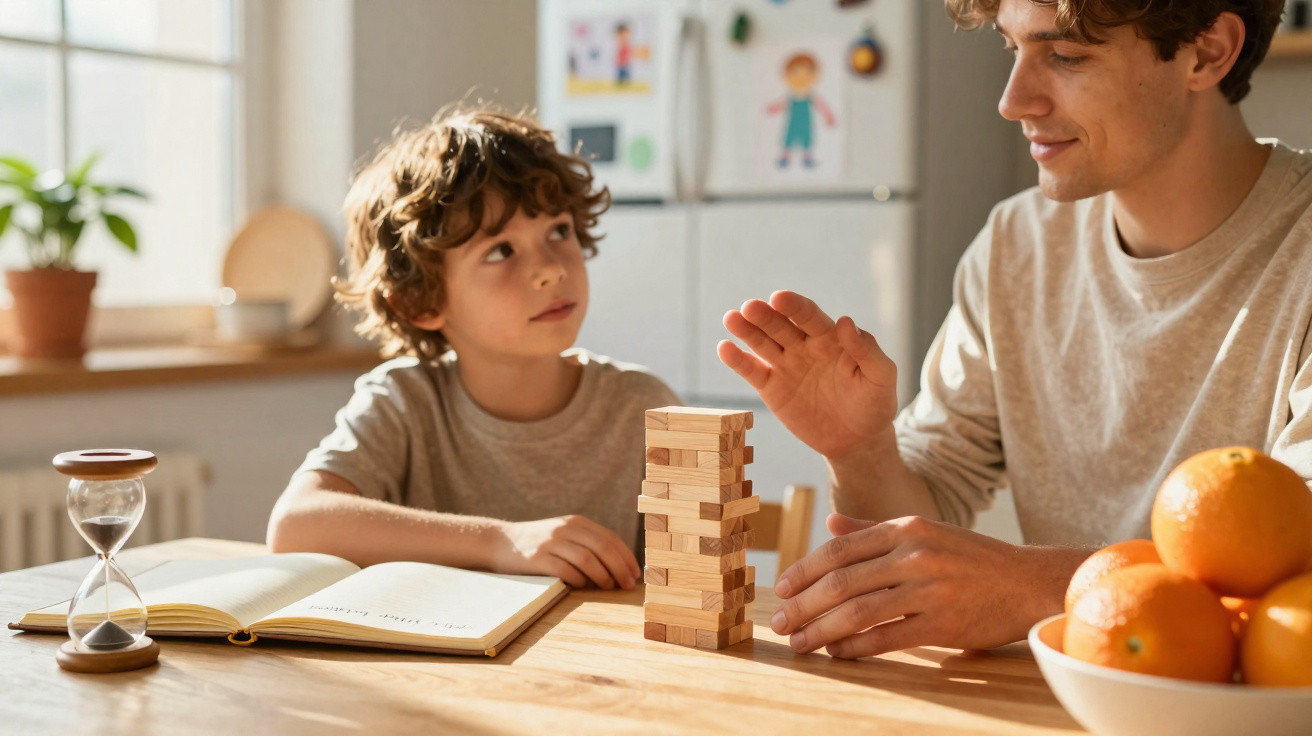 Pai e filho brincando com torre de blocos de madeira em mesa de madeira com laranja e ampulheta.