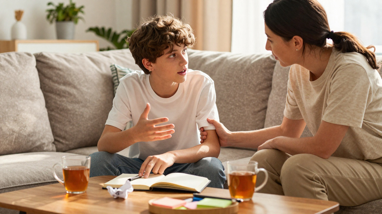Mulher conversa com adolescente sentado no sofá, com livro aberto e chá sobre mesa de madeira.