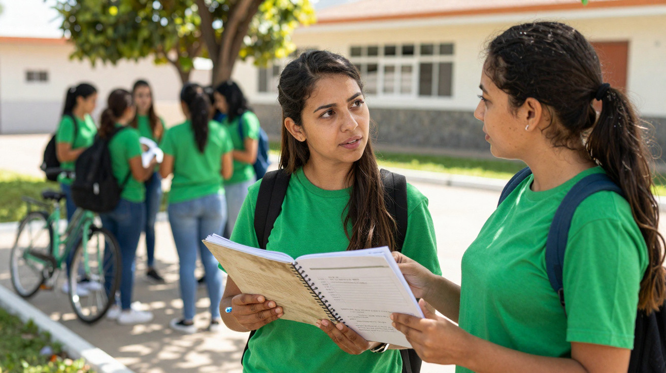Estudantes vestindo camisetas verdes conversam e revisam material escolar ao ar livre em ambiente universitário.