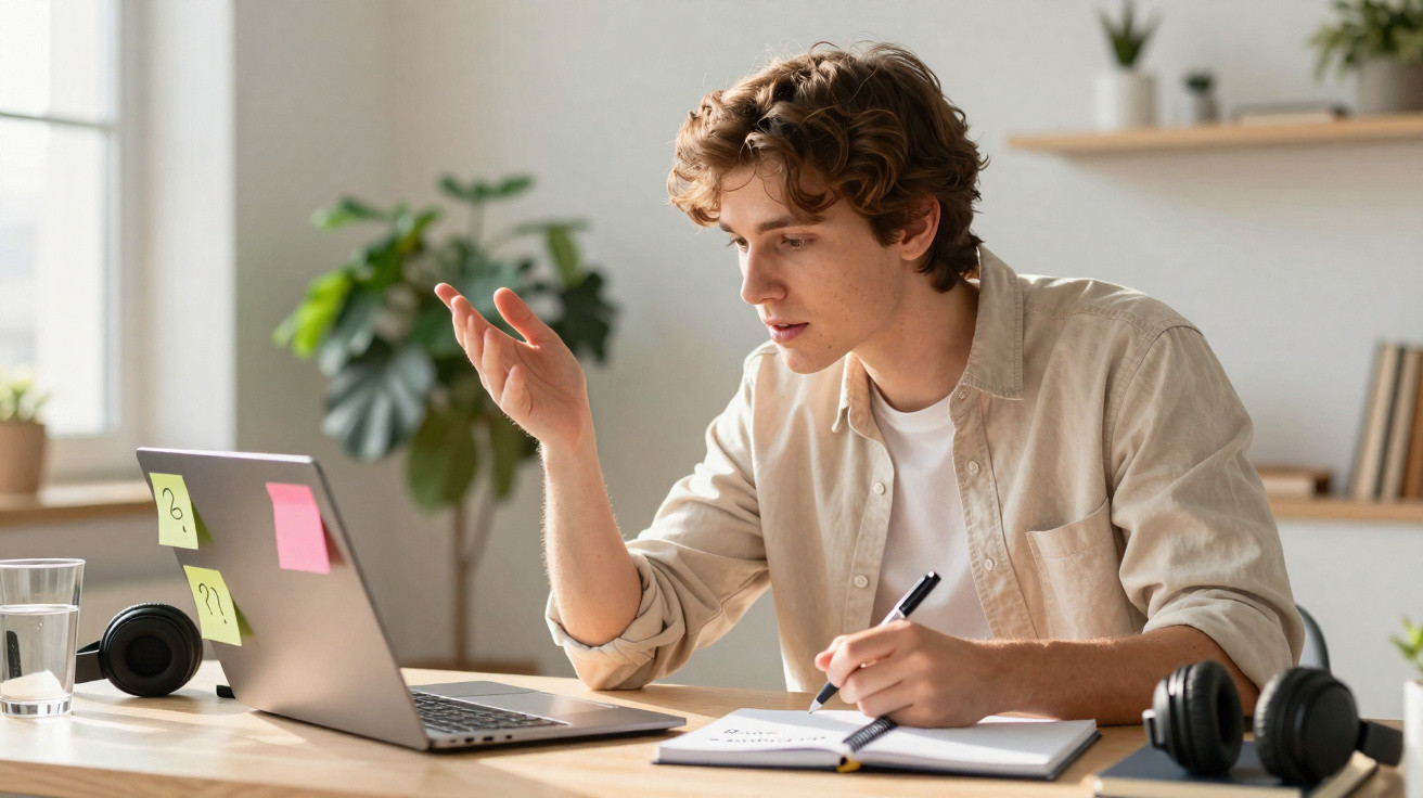 Jovem com expressão pensativa usando laptop, escrevendo em caderno em escritório com plantas ao fundo.