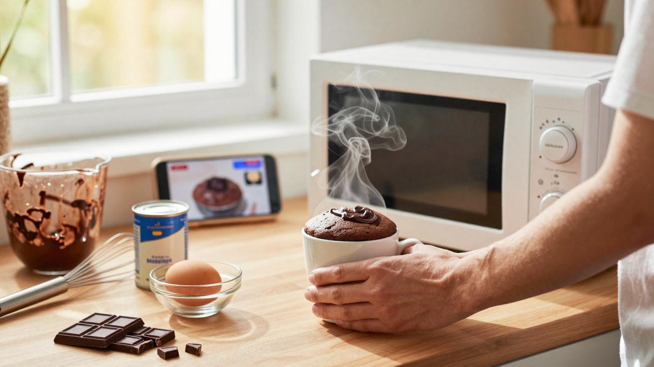Pessoa segurando caneca com bolo de micro-ondas fumegante em cozinha, com ingredientes e receita no celular ao fundo.