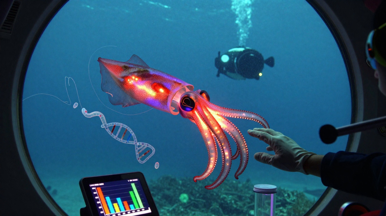 Polvo bioluminescente visto por janela de submarino com gráfico, DNA e mergulhador ao fundo.