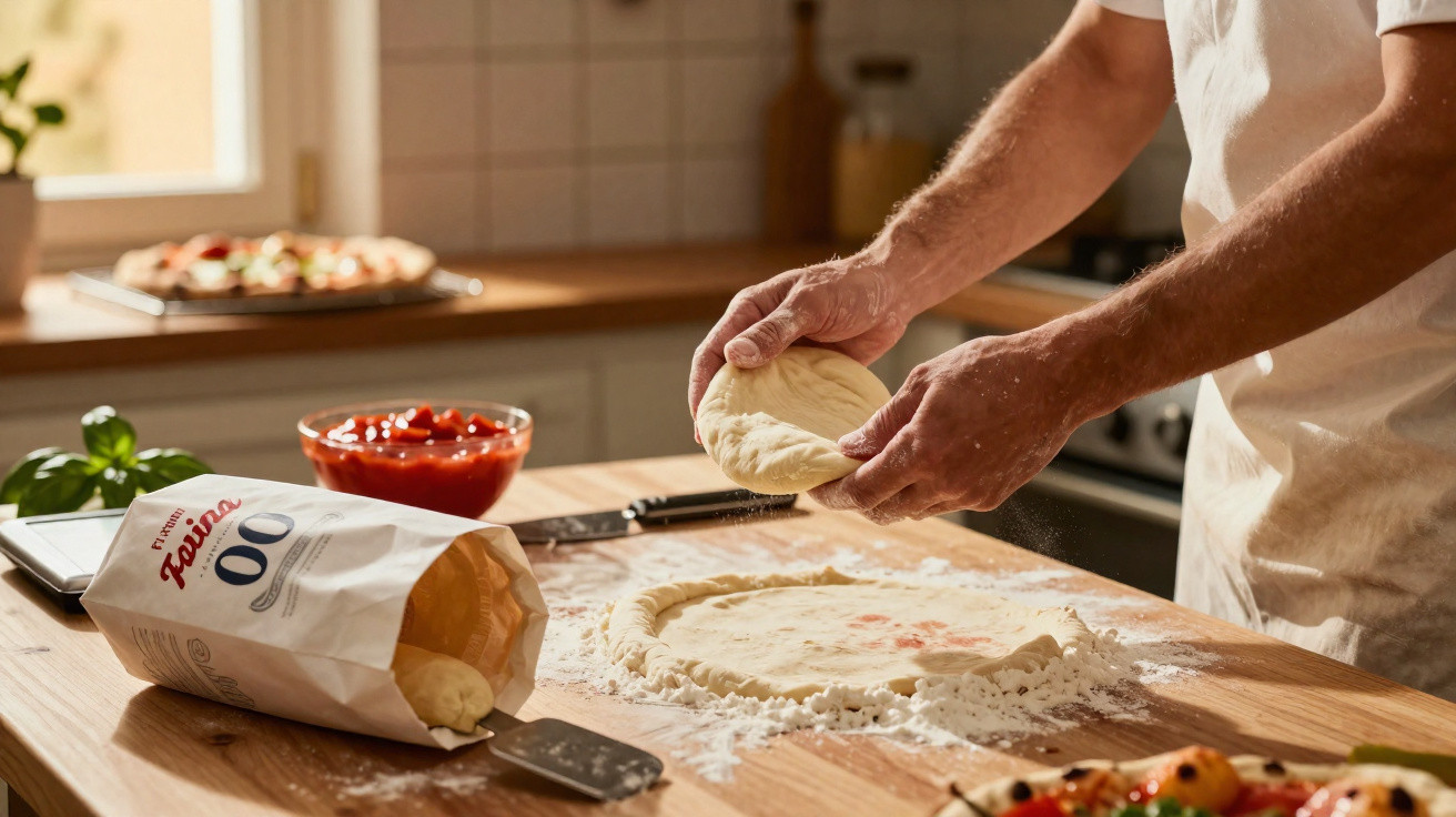 Pessoa preparando mini pizzas com massa e molho de tomate sobre bancada de madeira.