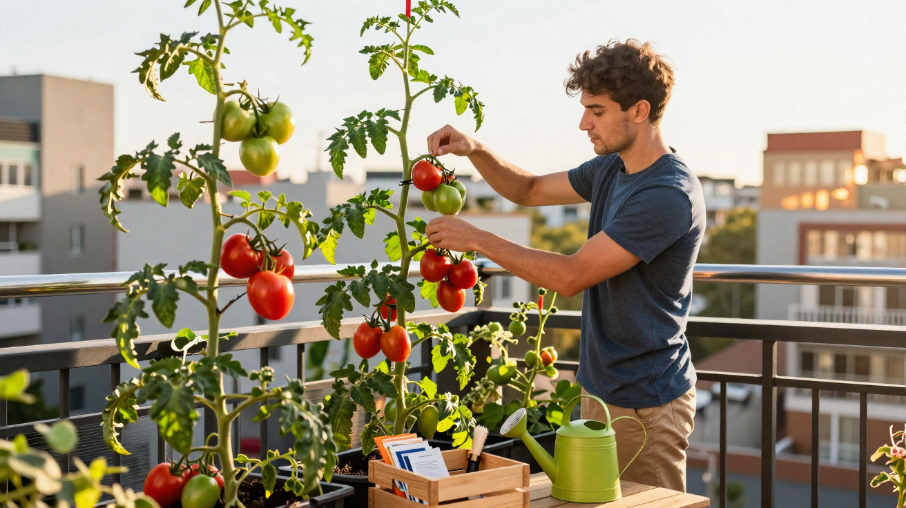 Homem colhendo tomates maduros em vaso na varanda de apartamento ao pôr do sol.