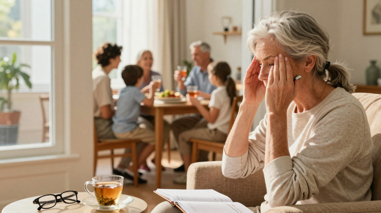 Mulher idosa com dor de cabeça sentada no sofá, enquanto família conversa na mesa ao fundo.