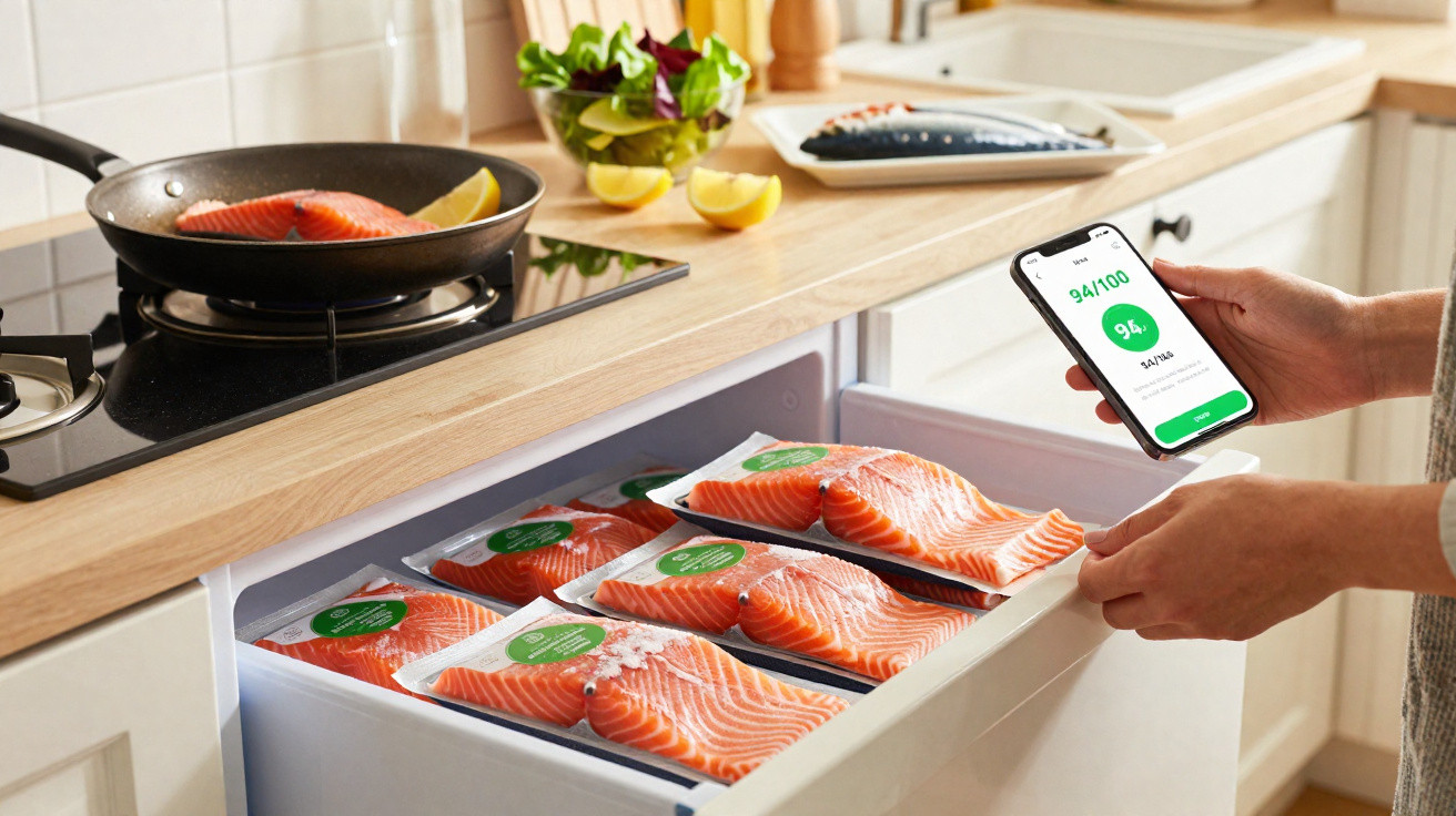 Pessoa segurando celular com app de qualidade, ao lado de salmão embalado e fresco em cozinha.