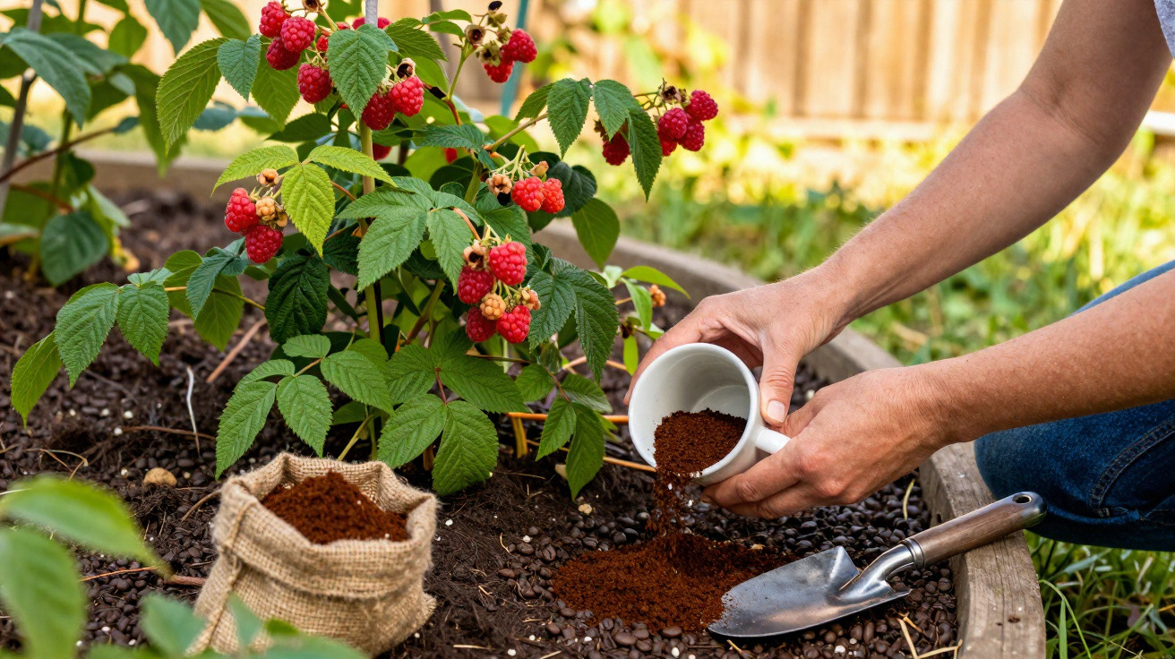 Pessoa aplicando borra de café ao solo ao lado de planta de framboesa vermelha em vaso grande.