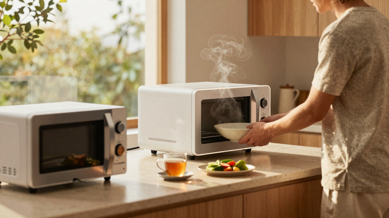 Pessoa retirando tigela quente de micro-ondas em cozinha com chá e salada sobre bancada clara.