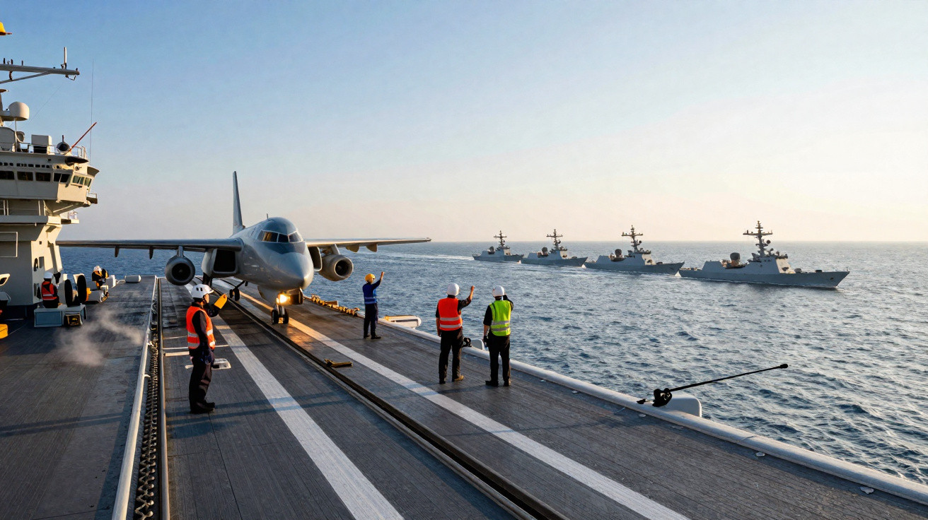 Avião de combate pousando em porta-aviões com cinco navios militares no mar ao fundo em dia claro.