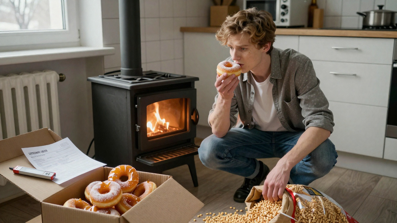 Homem agachado na cozinha segurando donut perto de lareira acesa, com caixa de donuts e saco de petiscos no chão.