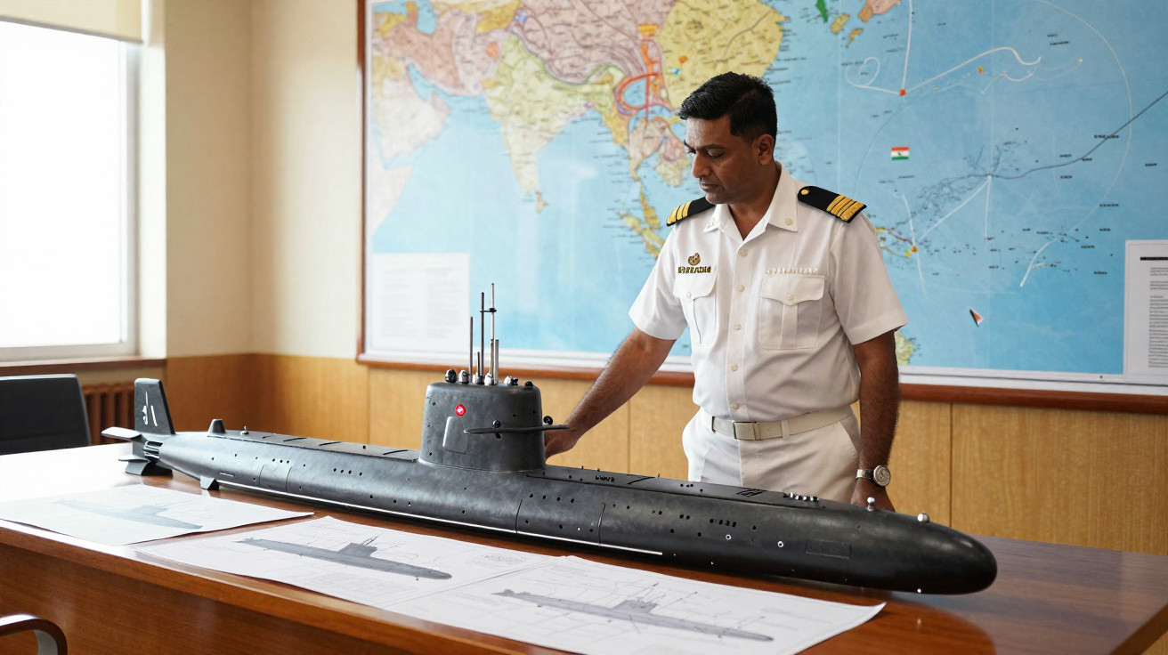 Oficial naval em uniforme observa modelo detalhado de submarino em mesa com mapas e mapa na parede.