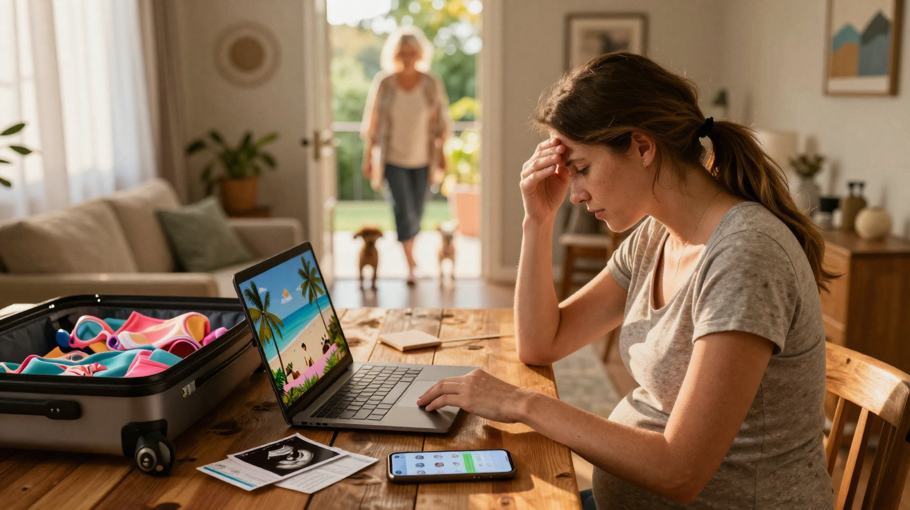 Mulher grávida preocupada usando laptop em mesa com mala aberta e ultrassom, enquanto outra pessoa entra em casa.