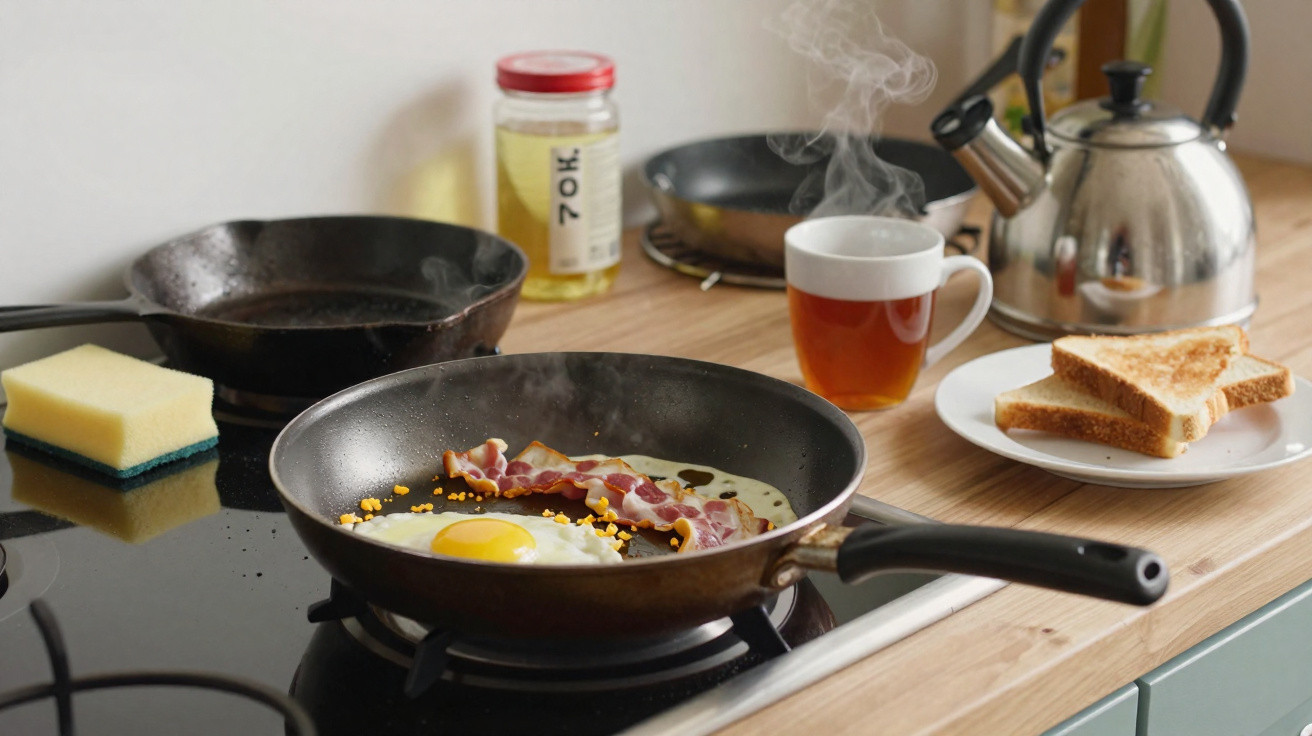 Frigideira com ovo frito e bacon na cozinha, ao lado de chá quente e torradas em um prato branco.