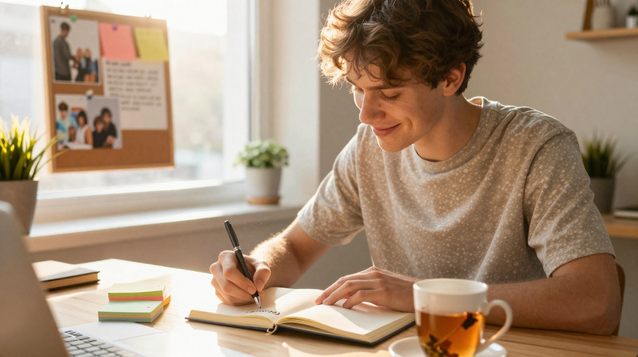 Jovem sorrindo enquanto escreve em caderno sentado à mesa com xícara de chá em ambiente iluminado pela janela.