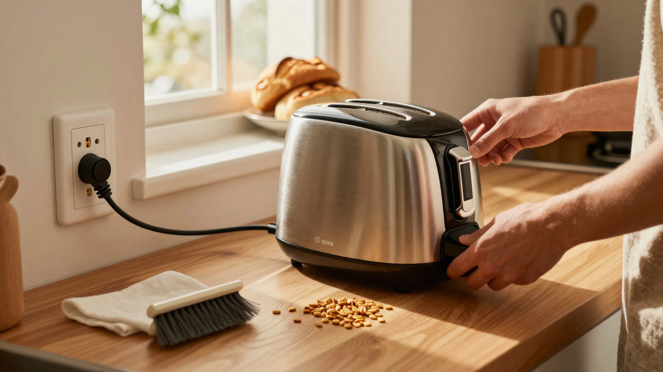 Pessoa ajusta torradeira preta e inox em bancada de cozinha com pão e grãos espalhados sobre madeira.