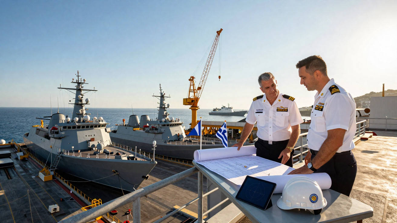 Dois oficiais navais revisam planos em um cais com navios de guerra atracados ao fundo.