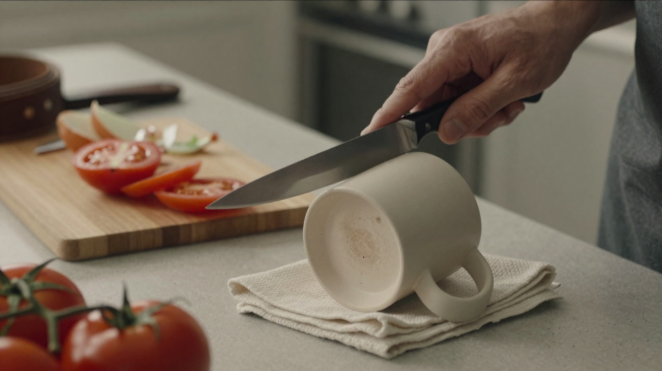 Pessoa segurando faca sobre caneca branca apoiada em pano em bancada com tomate e tábua de corte ao fundo.