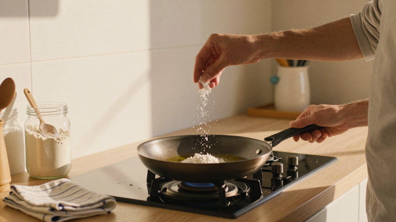 Mão feminina adicionando sal em frigideira no fogão a gás em cozinha clara e organizada.