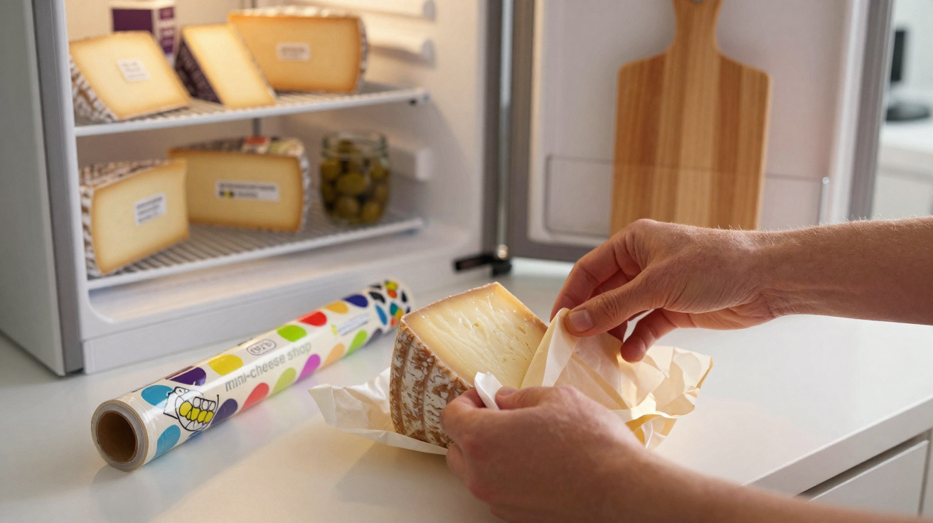 Mãos desembrulhando um pedaço de queijo em uma bancada com queijo guardado em refrigerador ao fundo.