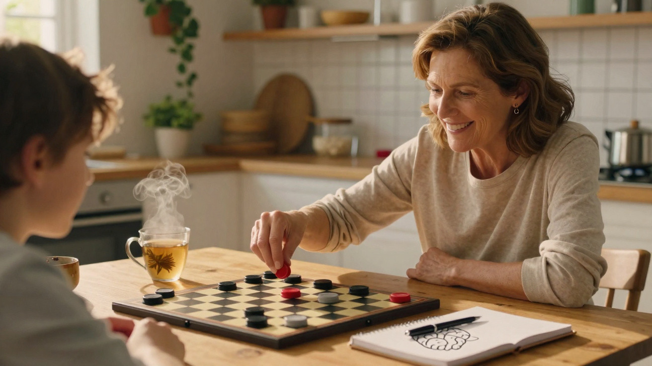Mulher sorrindo jogando damas com criança em cozinha iluminada, com xícara de chá e caderno à mesa.