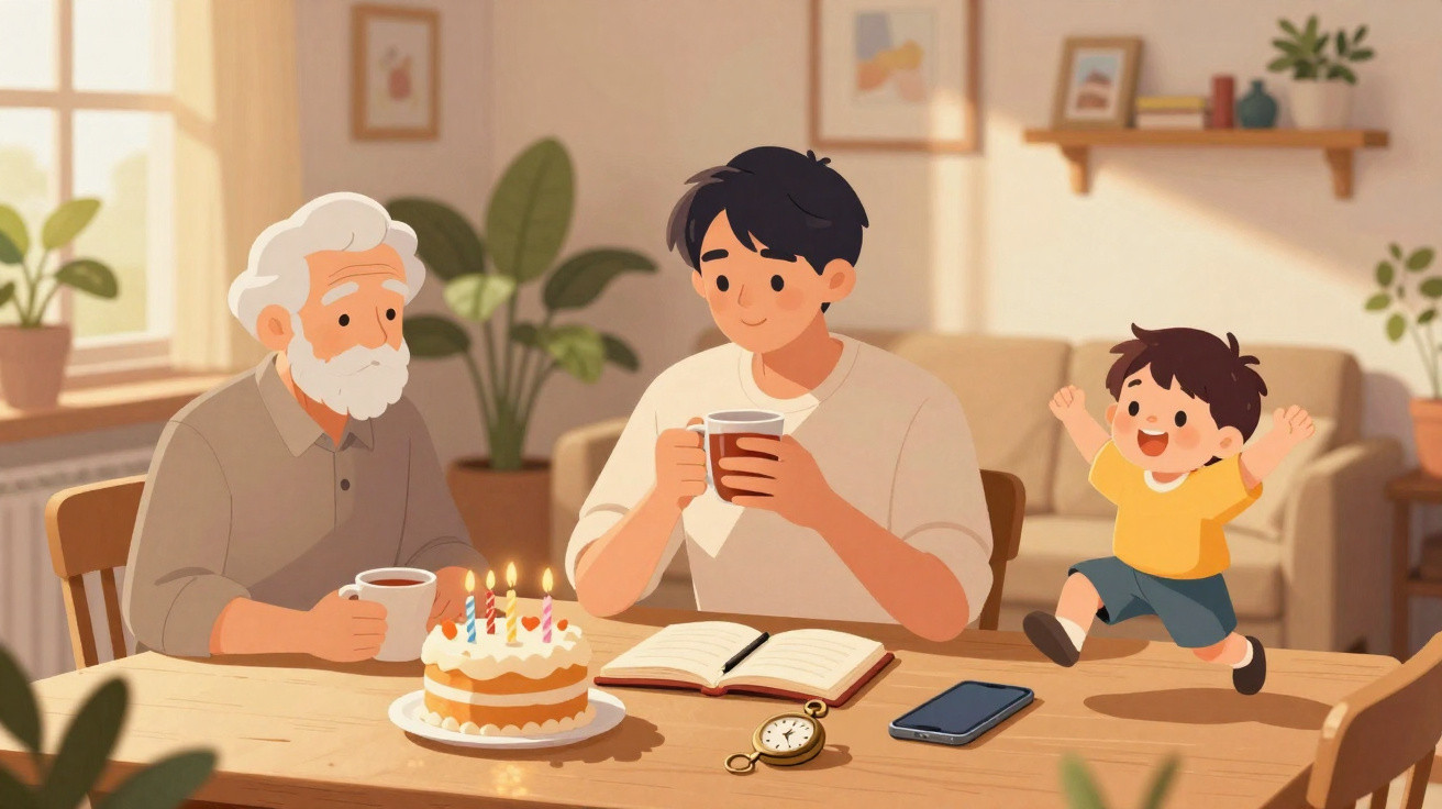 Três gerações celebrando aniversário com bolo e café em uma sala aconchegante e iluminada.