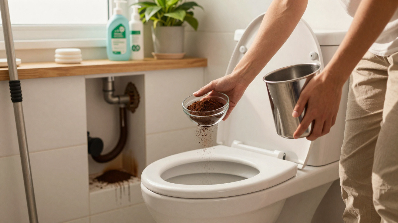Pessoa jogando café usado no vaso sanitário para desobstruir o encanamento do banheiro.