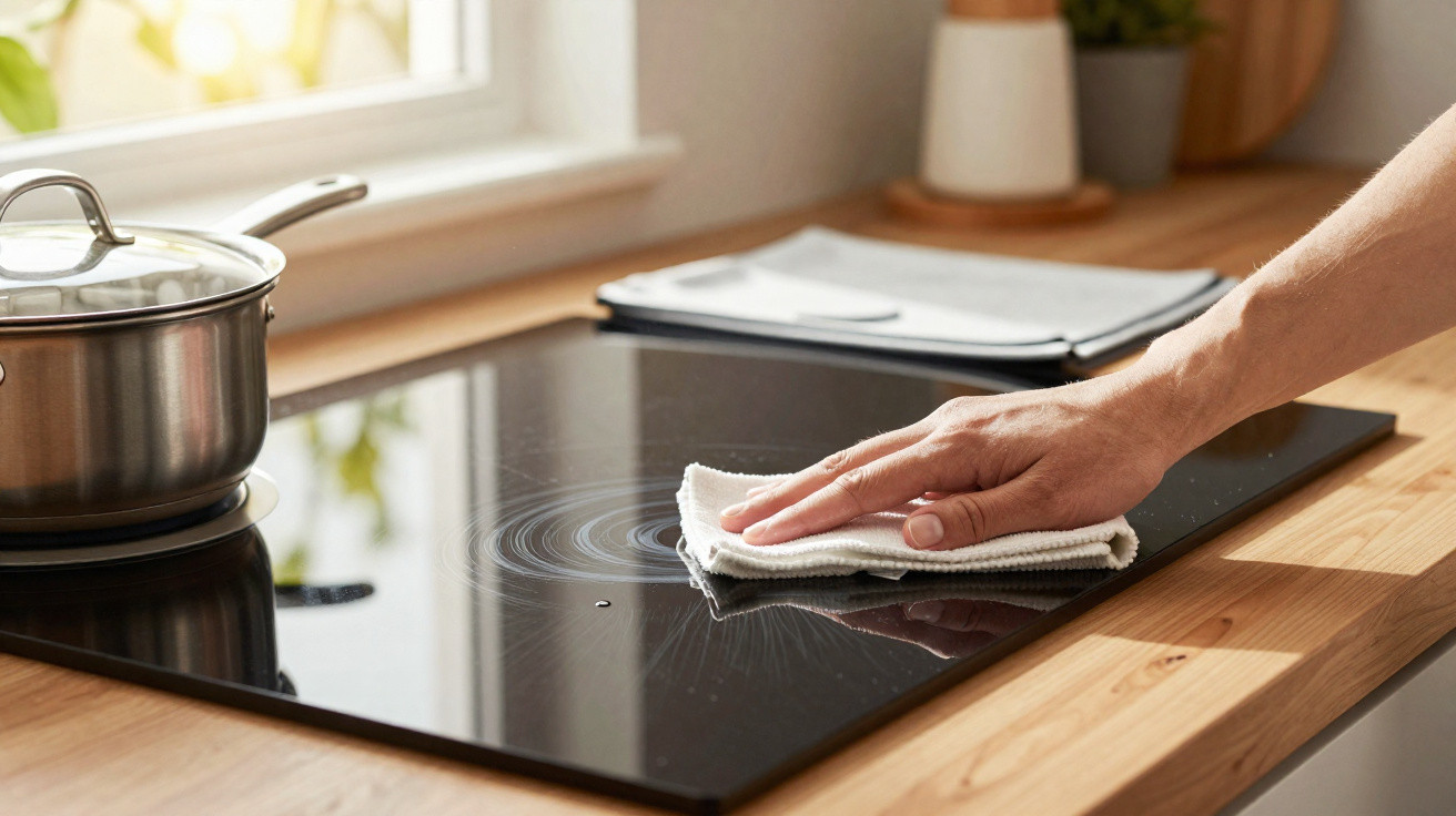 Pessoa limpando fogão vitrocerâmico preto com pano branco em cozinha com balcão de madeira.