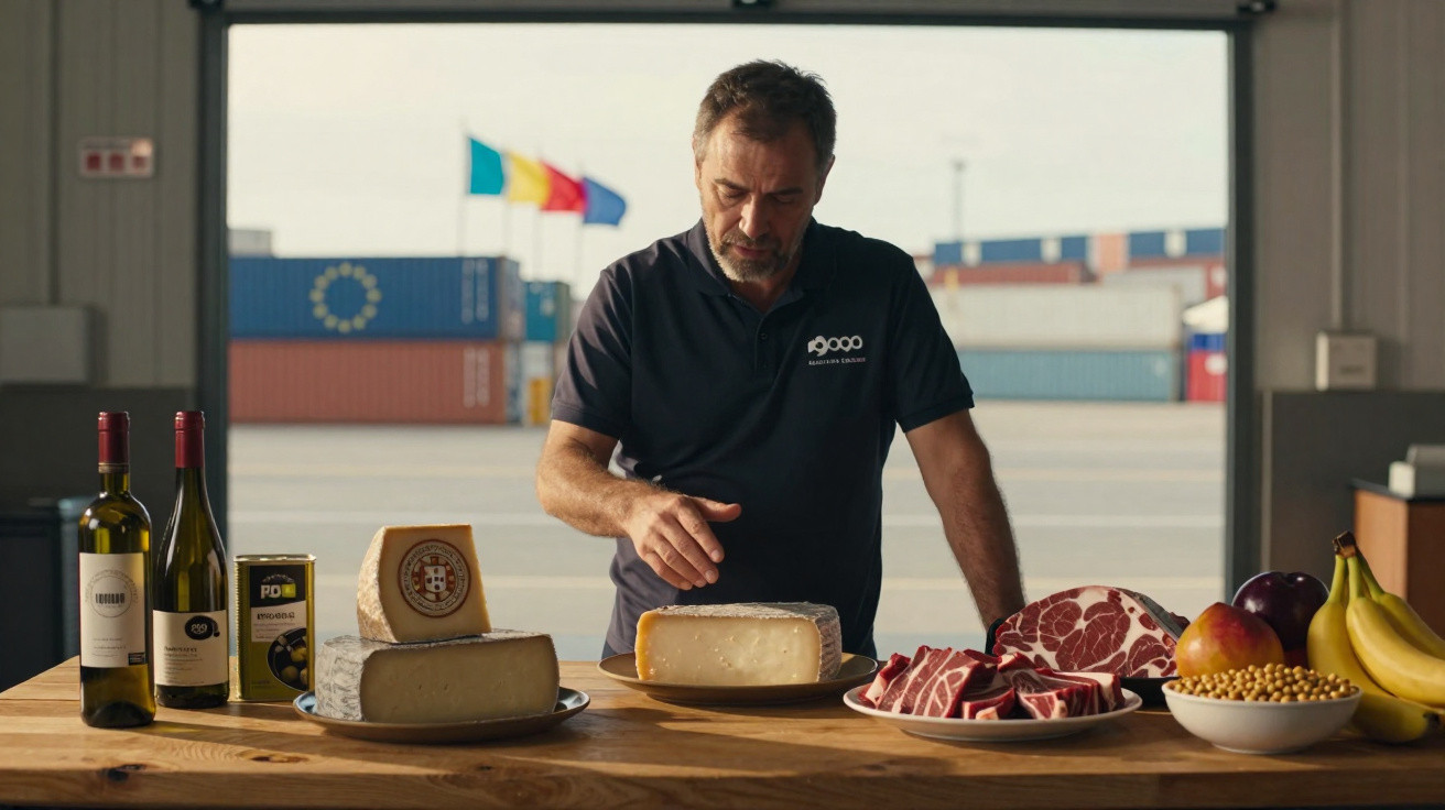 Homem em camiseta preta apresenta queijos, carnes, frutas e garrafas de vinho sobre mesa de madeira em galpão.