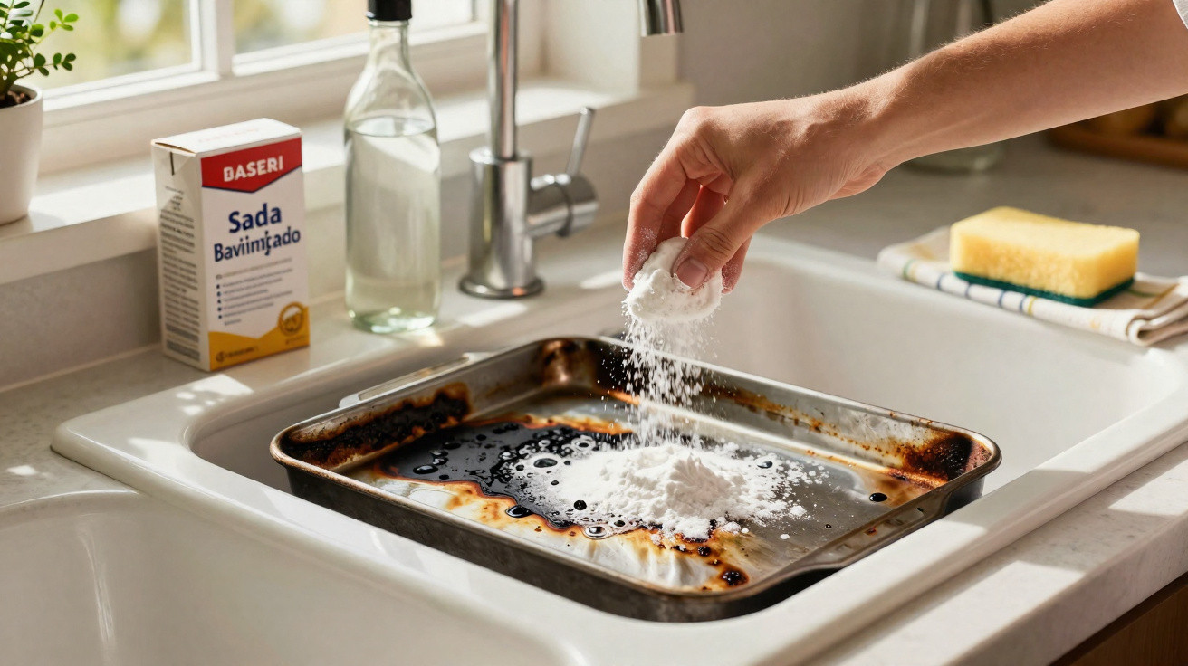 Mão polvilhando bicarbonato de sódio em uma forma de metal suja sobre pia na cozinha.