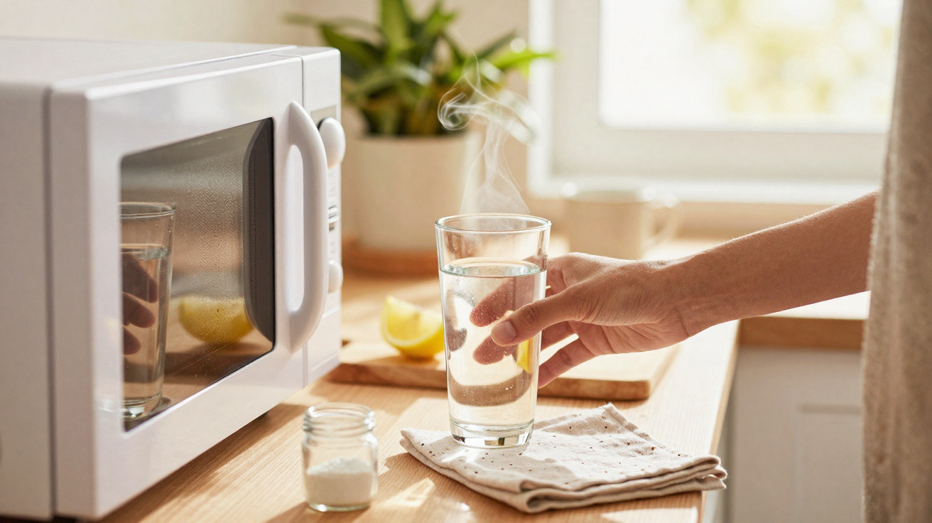 Mão segurando copo com água quente fumegante próxima a micro-ondas em bancada de cozinha clara.