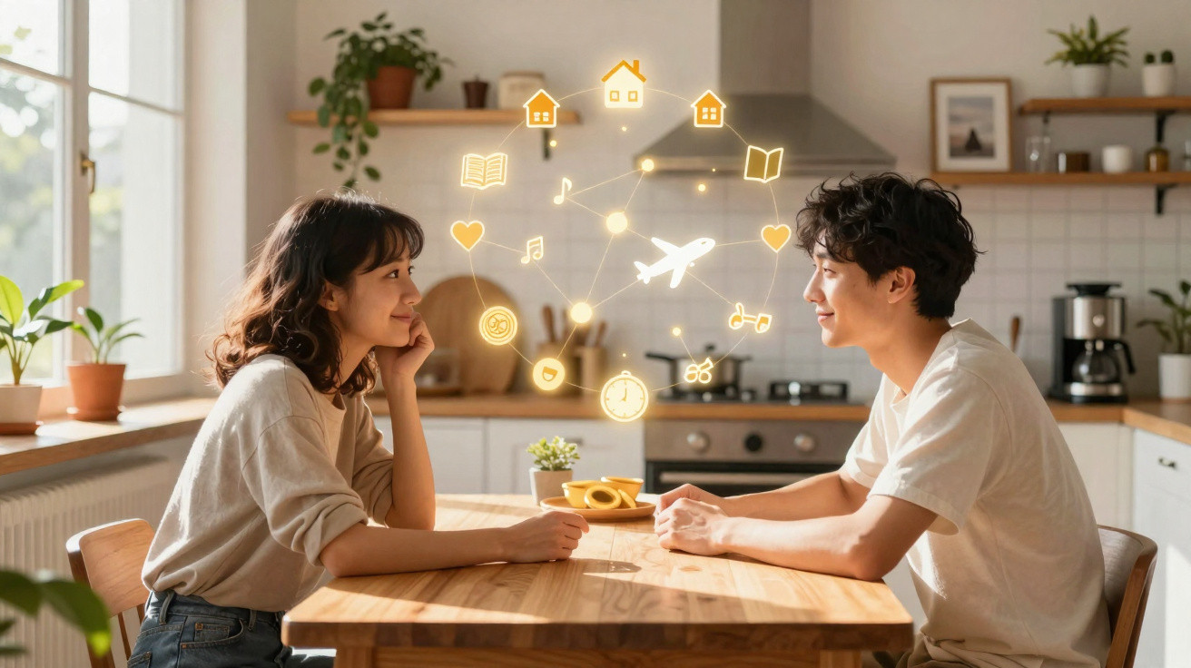 Casal jovem sentado à mesa na cozinha com ícones digitais flutuantes representando conexões e interesses.
