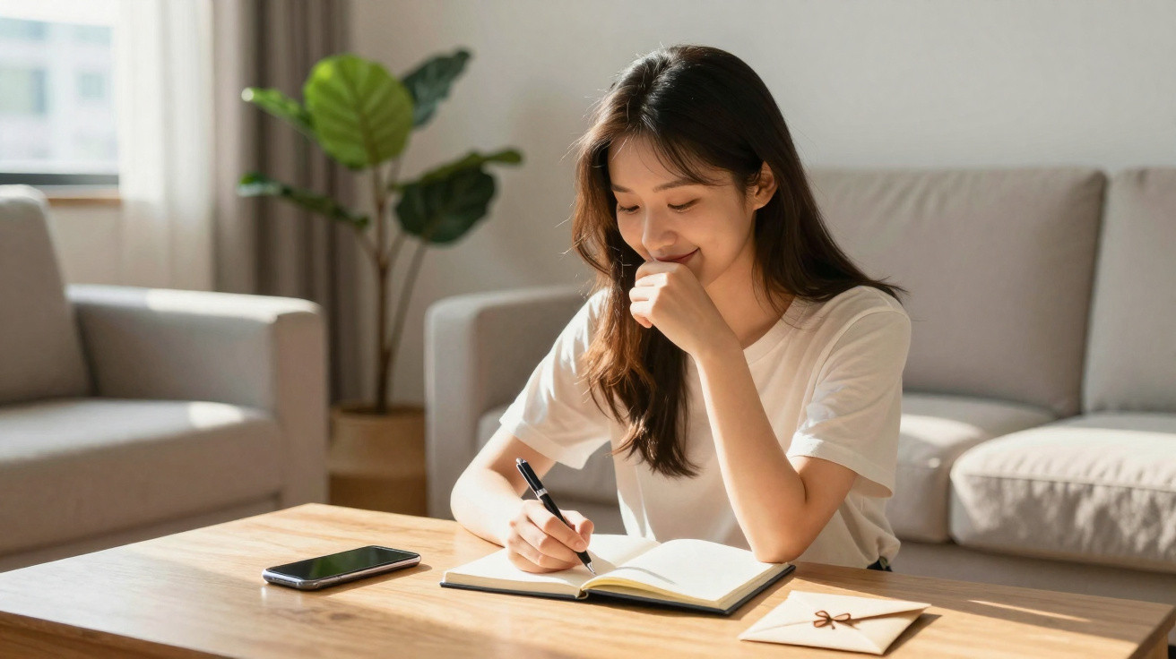 Jovem sorridente escrevendo em caderno, sentada à mesa com celular e envelope, em sala iluminada.