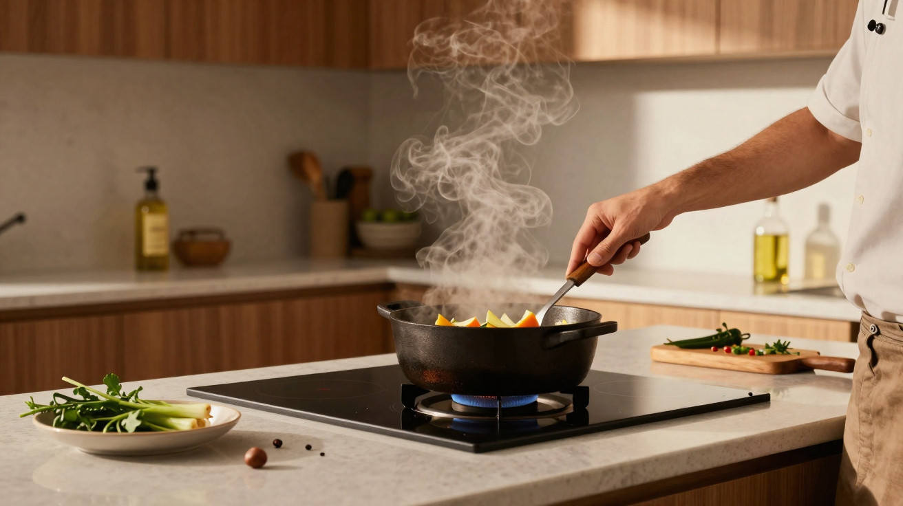 Pessoa mexendo comida em panela preta sobre fogão em cozinha moderna com bancada clara e utensílios.