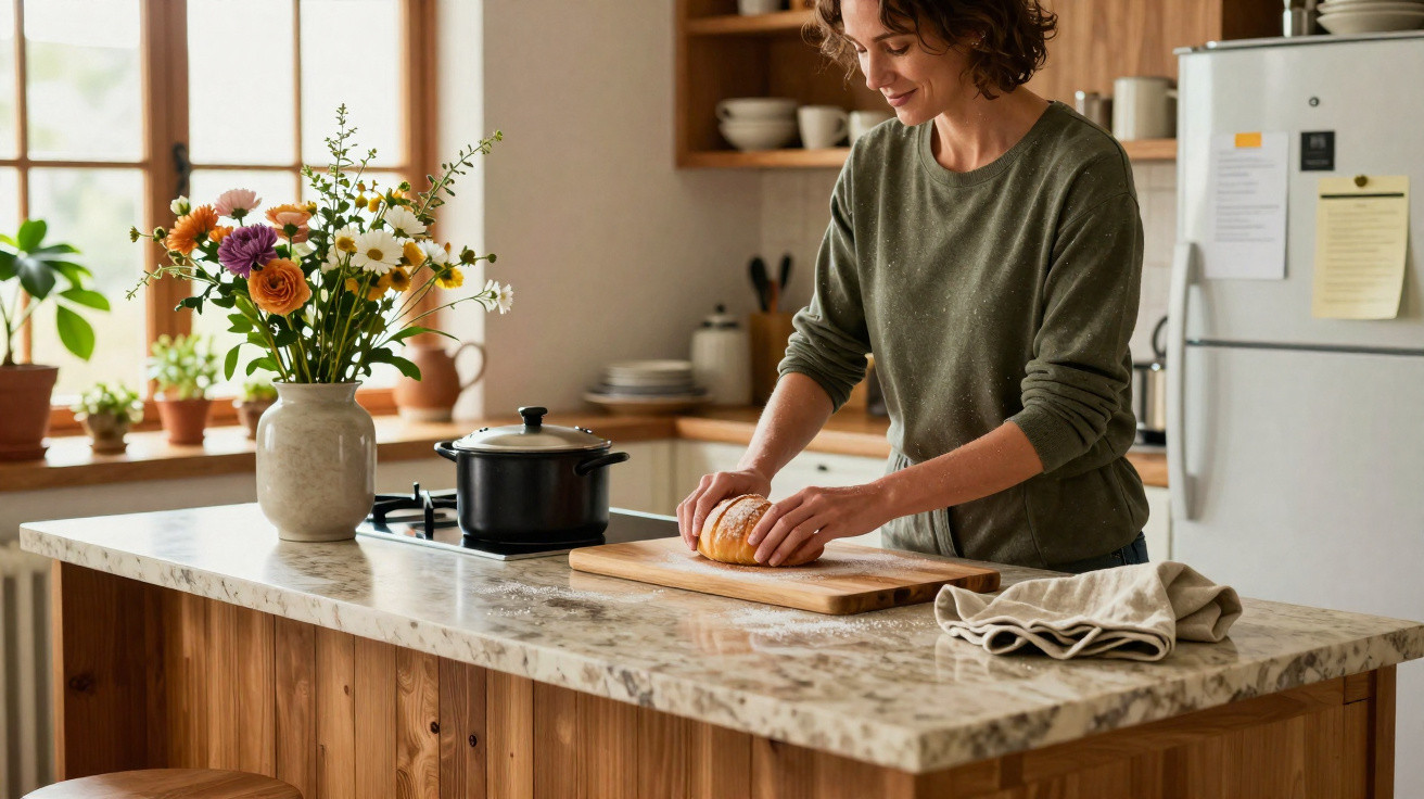 Pessoa cortando pão em bancada de cozinha com flores e panela ao fundo.