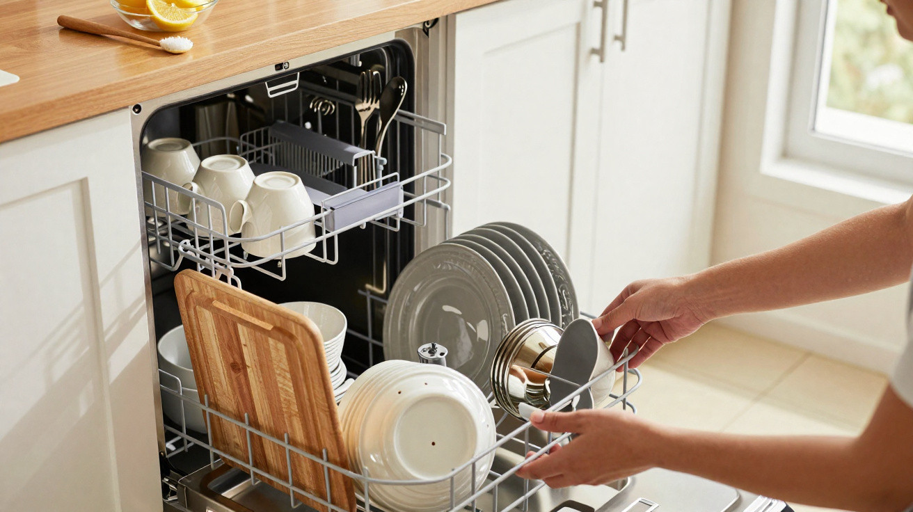 Mãos colocando pratos, xícaras e talheres em máquina de lavar louça em cozinha clara e organizada.