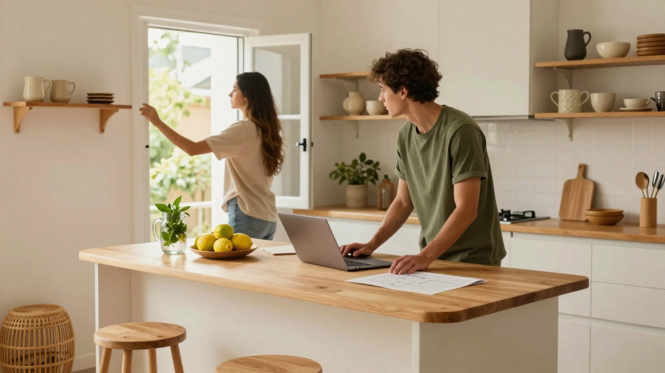 Casal jovem na cozinha moderna, homem usando laptop na bancada e mulher abrindo porta para área externa.