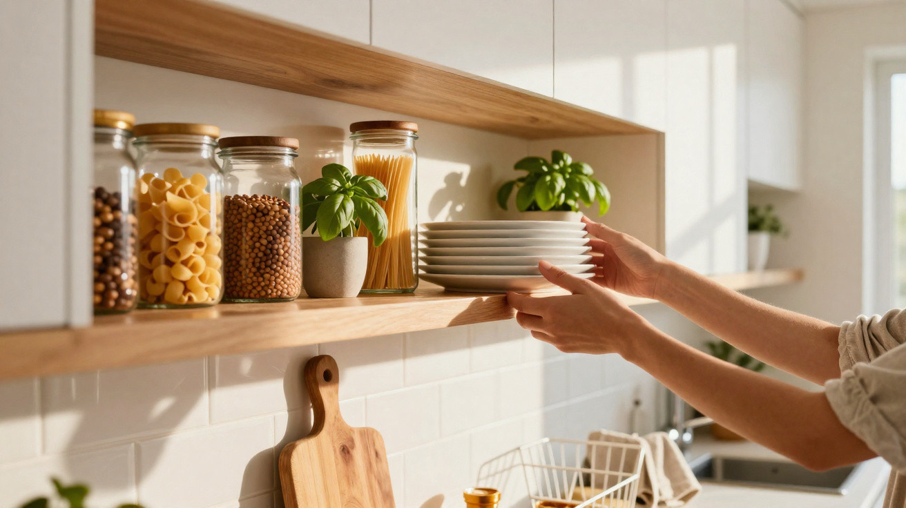 Prateleira de cozinha com potes de mantimentos, plantas e pessoa organizando pratos brancos.