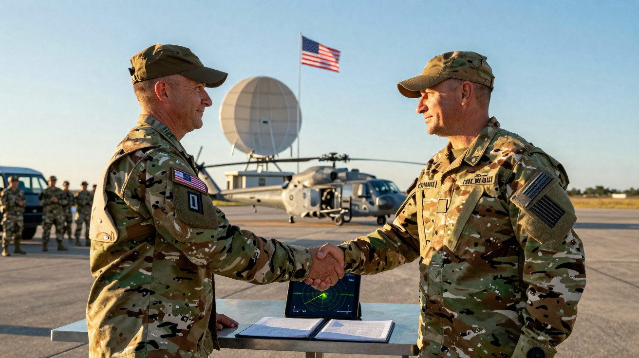 Dois soldados americanos apertam as mãos em pista de pouso com helicóptero e bandeira dos EUA ao fundo.