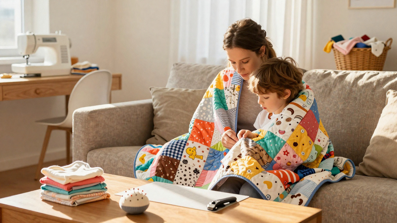 Mãe e filho sentados no sofá cobertos por um patchwork colorido, olhando para um desenho juntos.