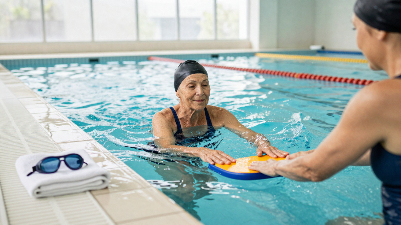 Duas mulheres idosas com toucas de natação na piscina praticando exercícios aquáticos com prancha de natação.