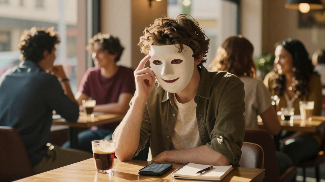 Jovem com máscara branca sentado em café, com caderno, caneta e celular sobre a mesa, outras pessoas ao fundo.