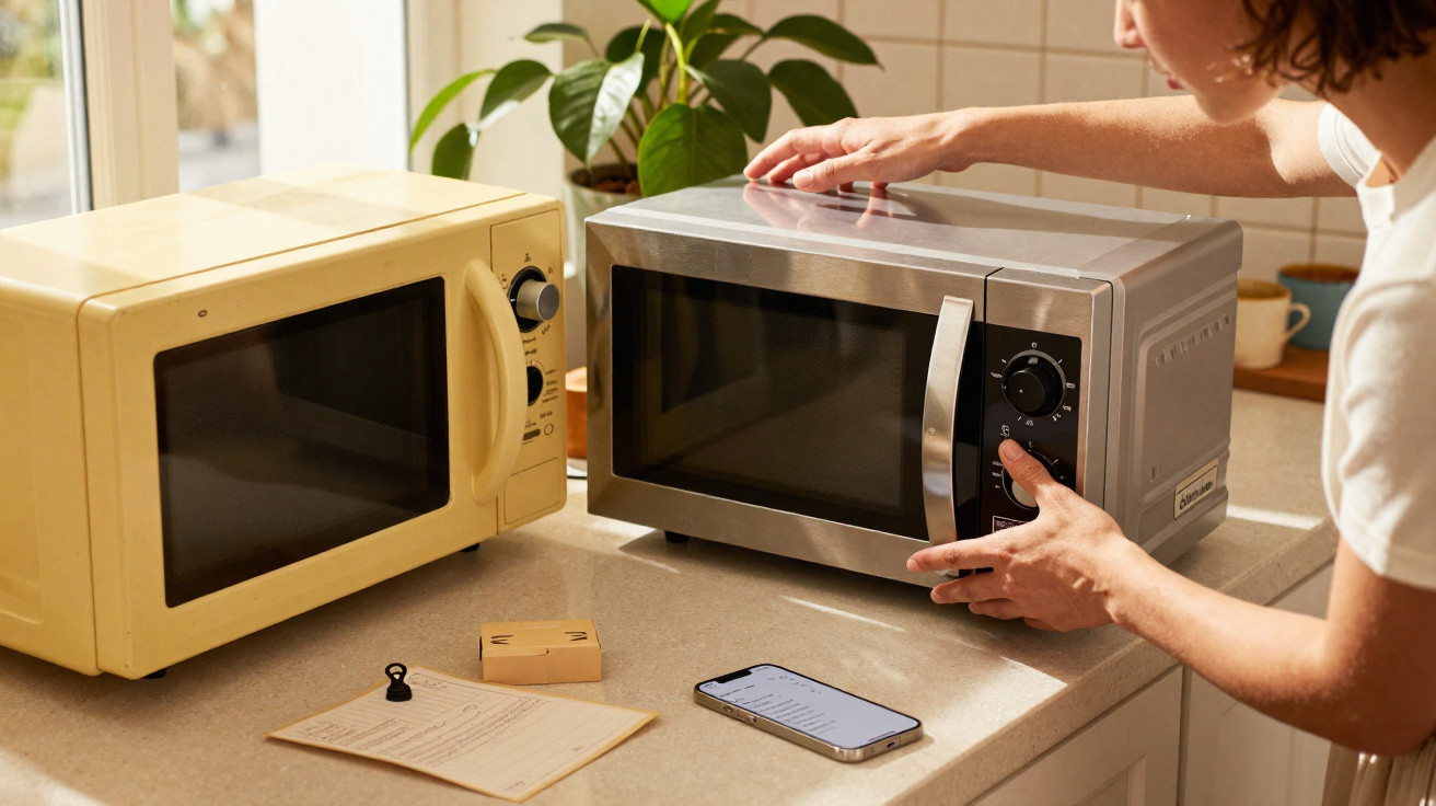 Pessoa ajusta o timer de um micro-ondas inox na cozinha com outro micro-ondas amarelo ao lado.