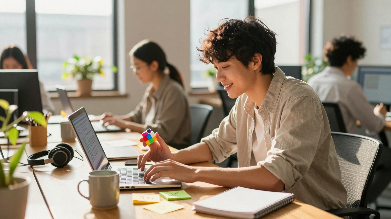 Jovem sorrindo trabalha em laptop segurando cubo colorido em escritório com colegas ao fundo.