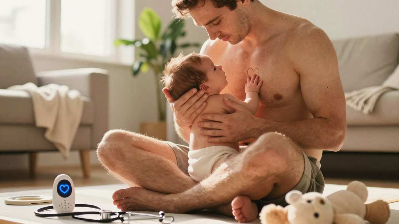 Pai sem camisa segurando bebê de fralda no colo em sala de estar com monitor cardíaco e brinquedo no chão.