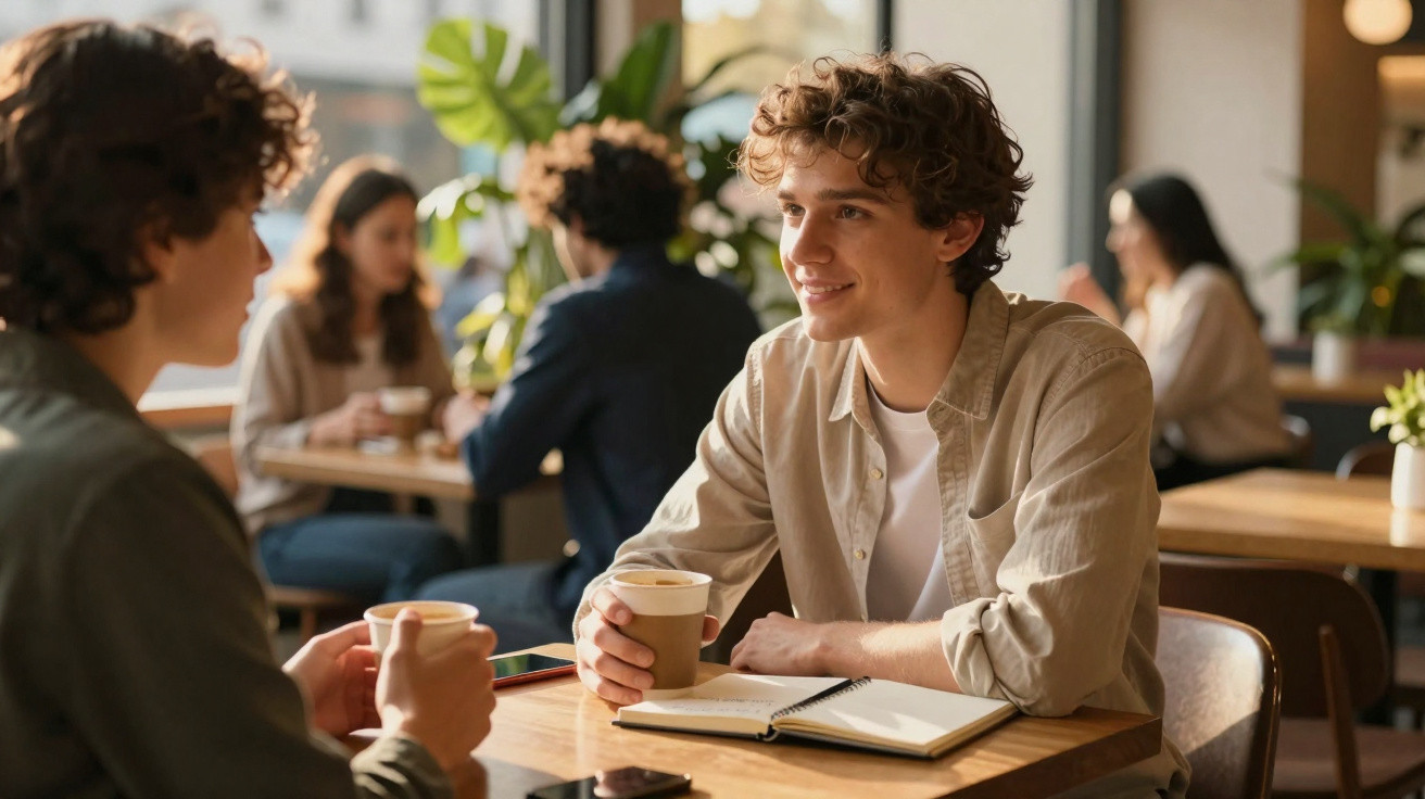 Jovens conversando e tomando café em uma cafeteria aconchegante com plantas e luz natural.