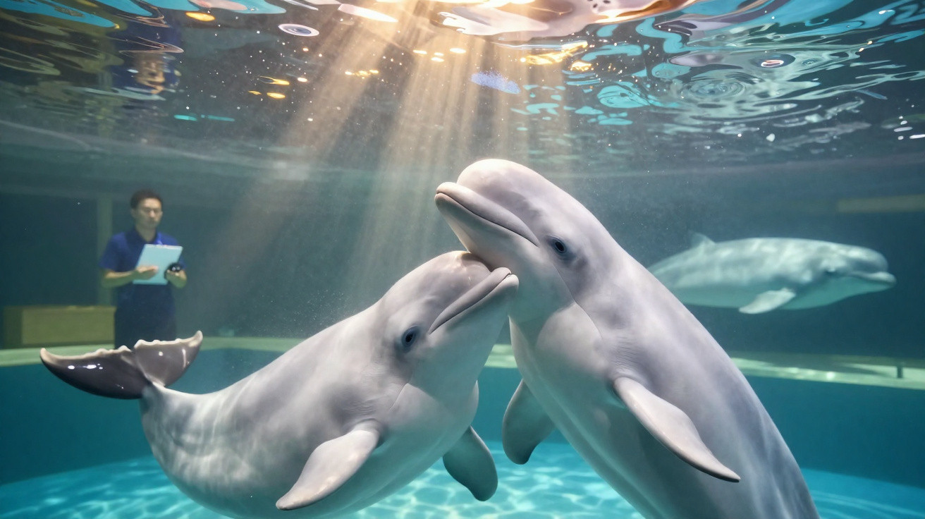 Dois golfinhos brincando em aquário iluminado com pessoa observando ao fundo.
