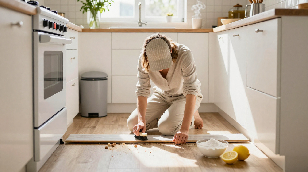 Mulher limpando migalhas no chão de cozinha clara com utensílios e ingredientes ao lado.
