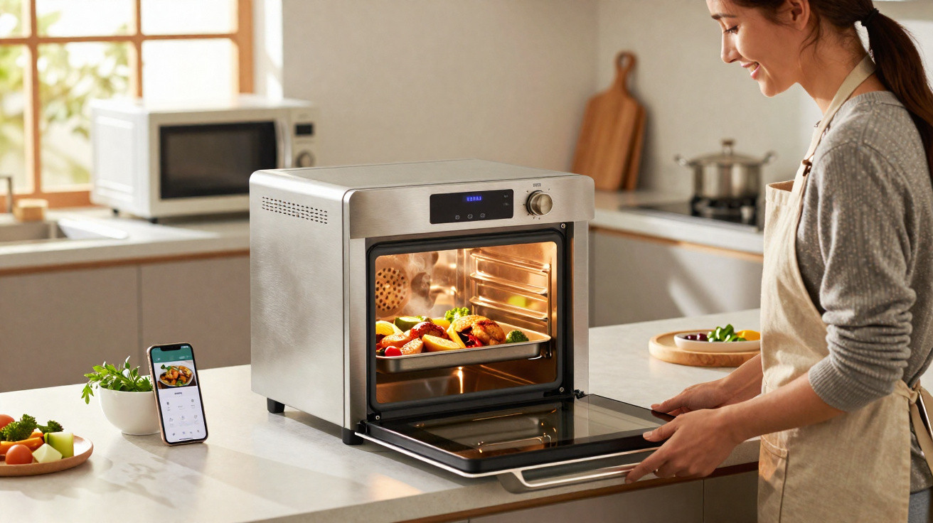 Mulher sorridente remove assadeira com alimentos assados de forno elétrico moderno na cozinha.