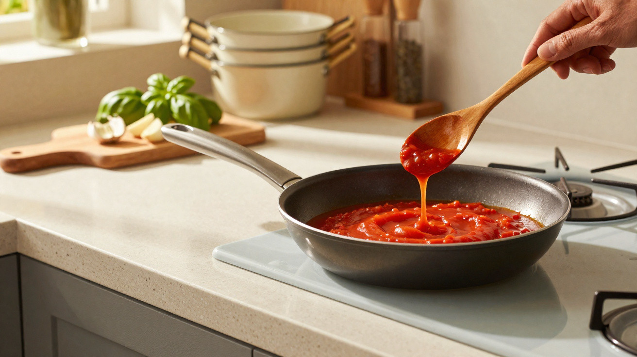 Frigideira com molho de tomate sendo mexido por colher de pau em fogão moderno na cozinha.