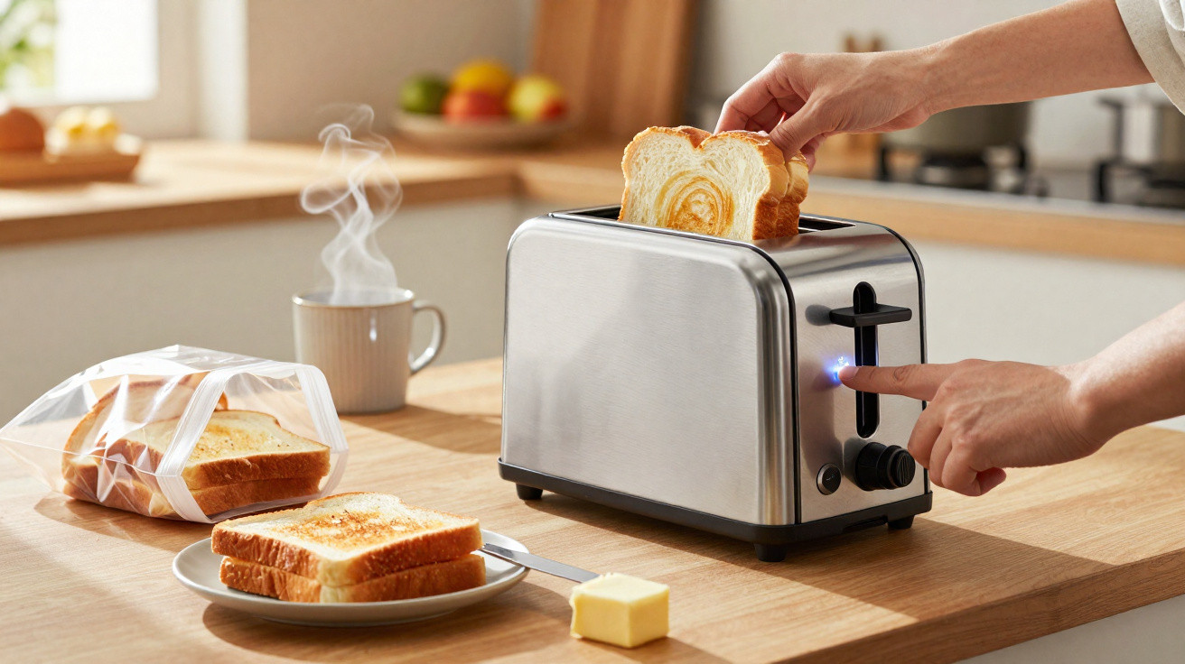 Pessoa colocando fatia de pão em torradeira metálica em cozinha iluminada e moderna.